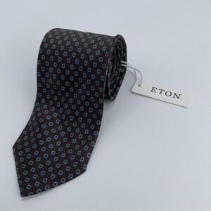 Eton Tie Mens One Size Brown Blue Silk‎ Geometric Medallion Italy Necktie NWT